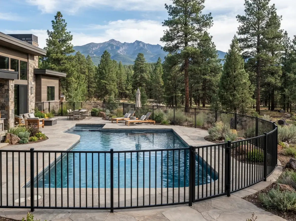Black metal pool fence with a gate around a pool and stone patio, with pine trees and mountains behind