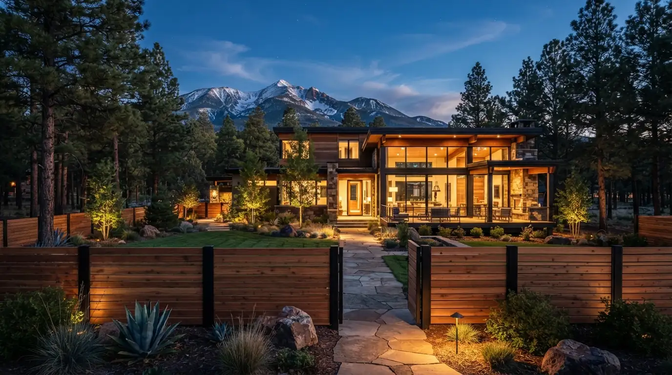 Horizontal wood fence with black posts and a stone walkway in front of a modern mountain home at dusk, with pine trees and snow-capped peaks
